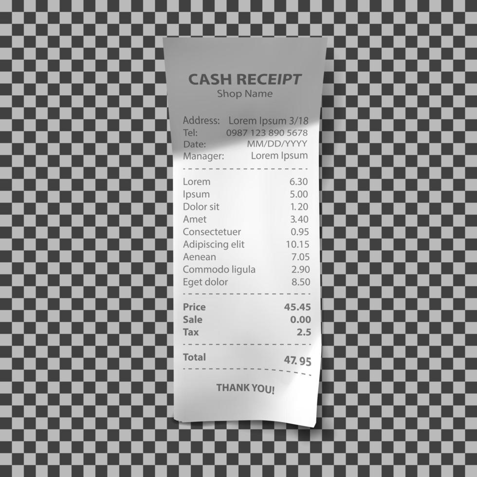 Realistic shop receipt, paper payment bill vector