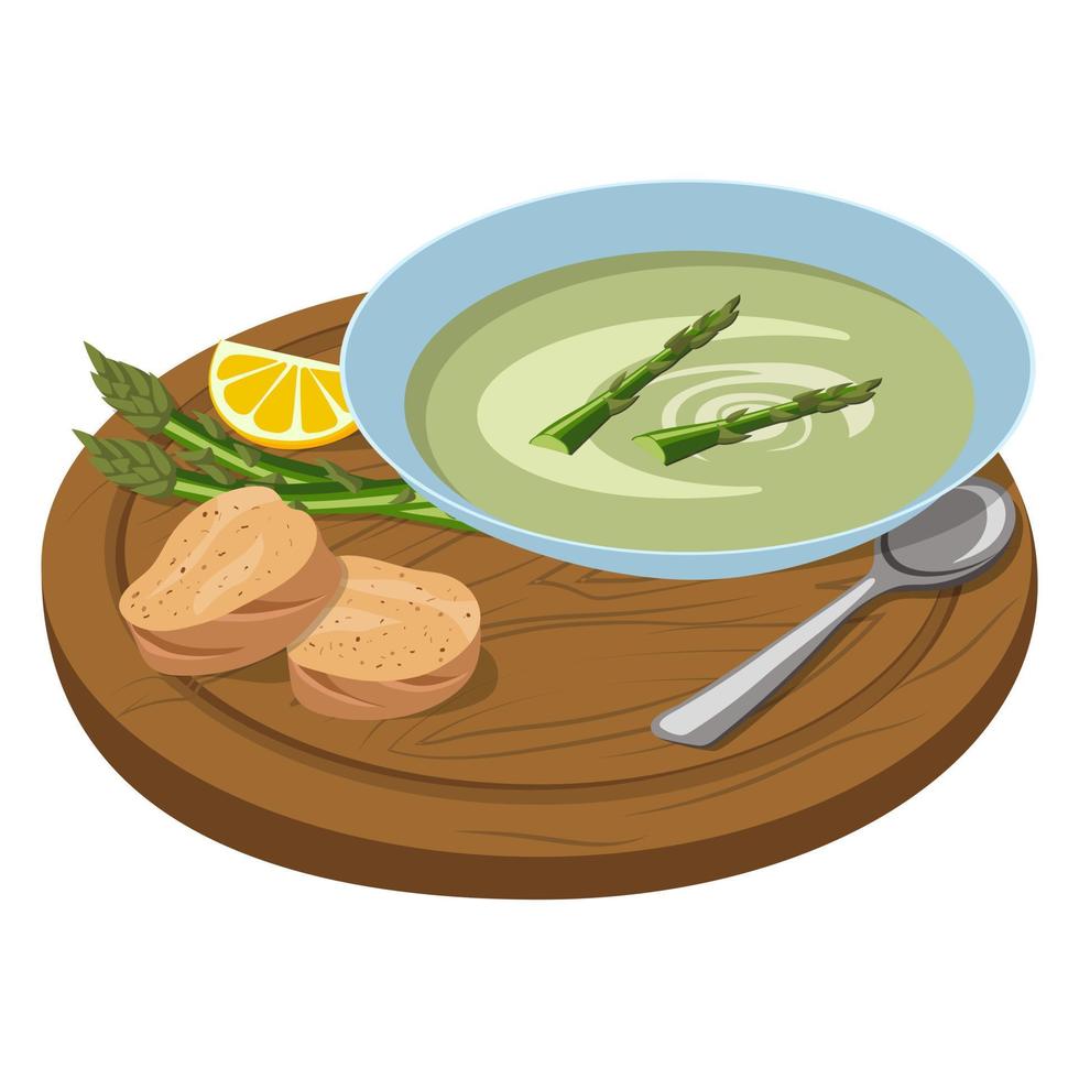 Asparagus puree soup. Beautiful serving on a board with slices of bread, asparagus and lemon. Asparagus currency. Vector illustration on a white background