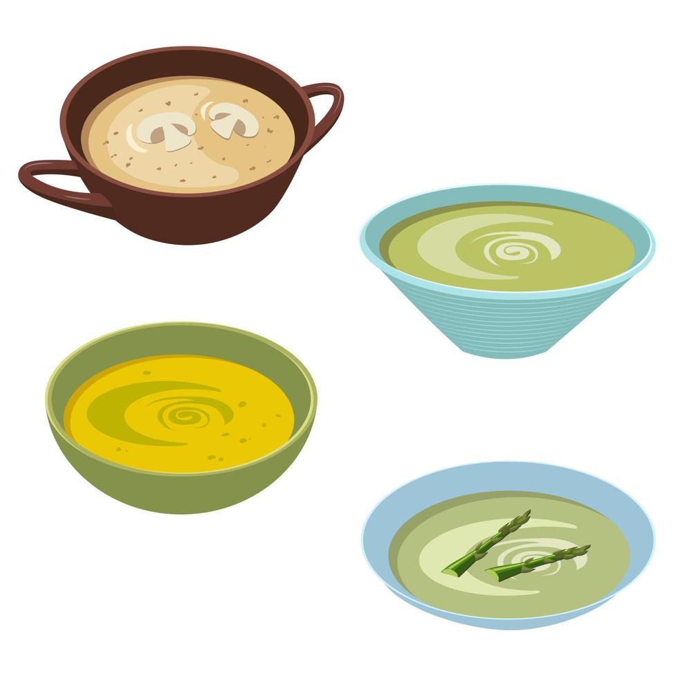 A set of different mashed soups. Asparagus, squash, avocado, champignons. Vector illustration on a white background.