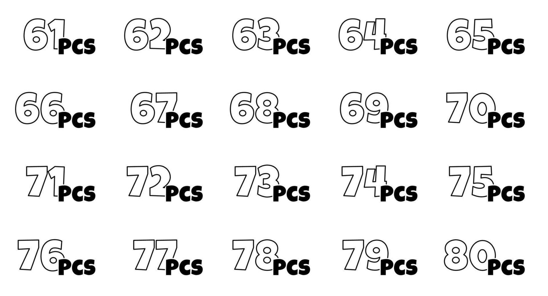 número de piezas en paquete colocar. desde 61 a 80 piezas embalaje etiqueta recopilación. consecutivo cantidad artículos pegatinas en producto embalaje. dibujos animados estilo contorno iconos vector aislado eps ilustración