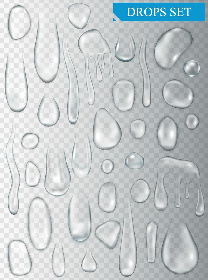 Realistic shining water drops and drips on transparent background vector illustration