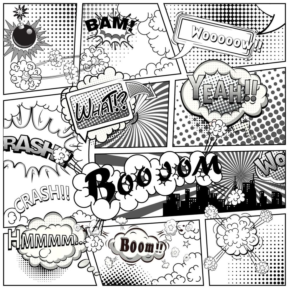 Black and white comic book page divided by lines with speech bubbles and sounds effect. Vector illustration.
