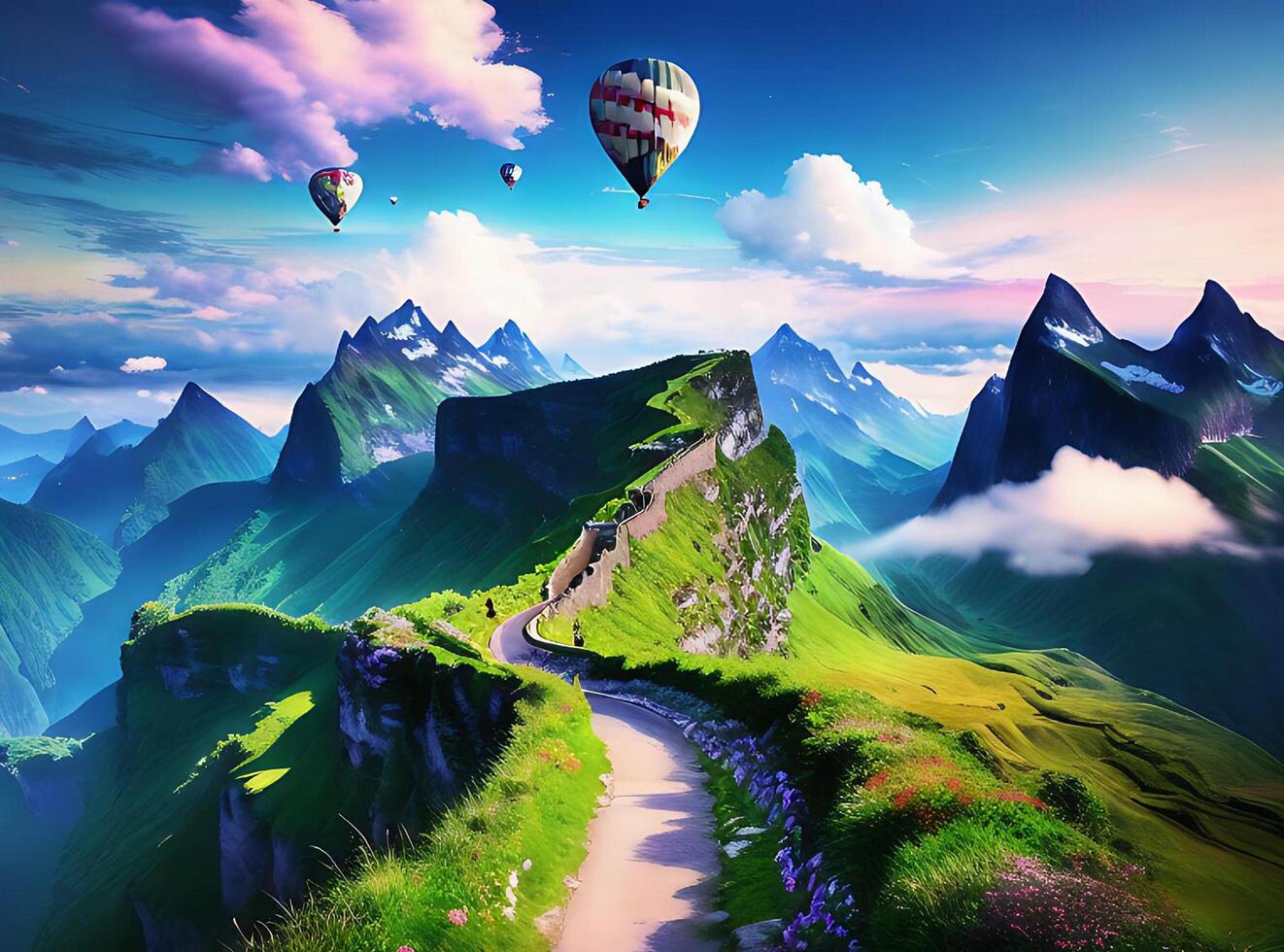 Wallpaper landscape, painting, fantasy art, anime, water, nature, sky, clouds, Earth, bridge, world, ART, mountain, balloons, screenshot, computer wallpaper, special effects, organism, photo