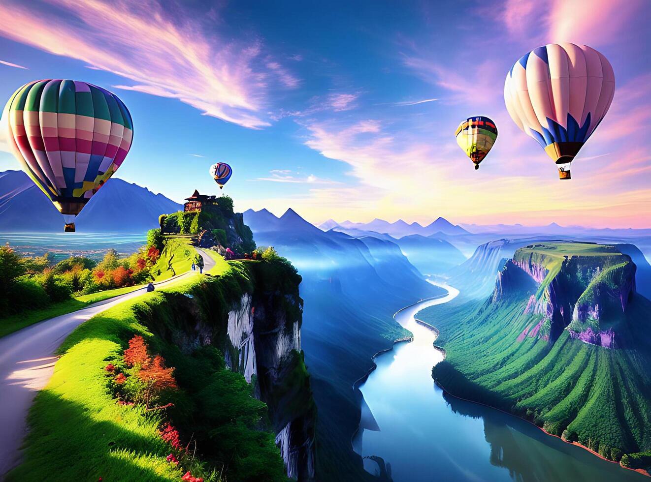 Wallpaper landscape, painting, fantasy art, anime, water, nature, sky, clouds, Earth, bridge, world, ART, mountain, balloons, screenshot, computer wallpaper, special effects, organism, photo