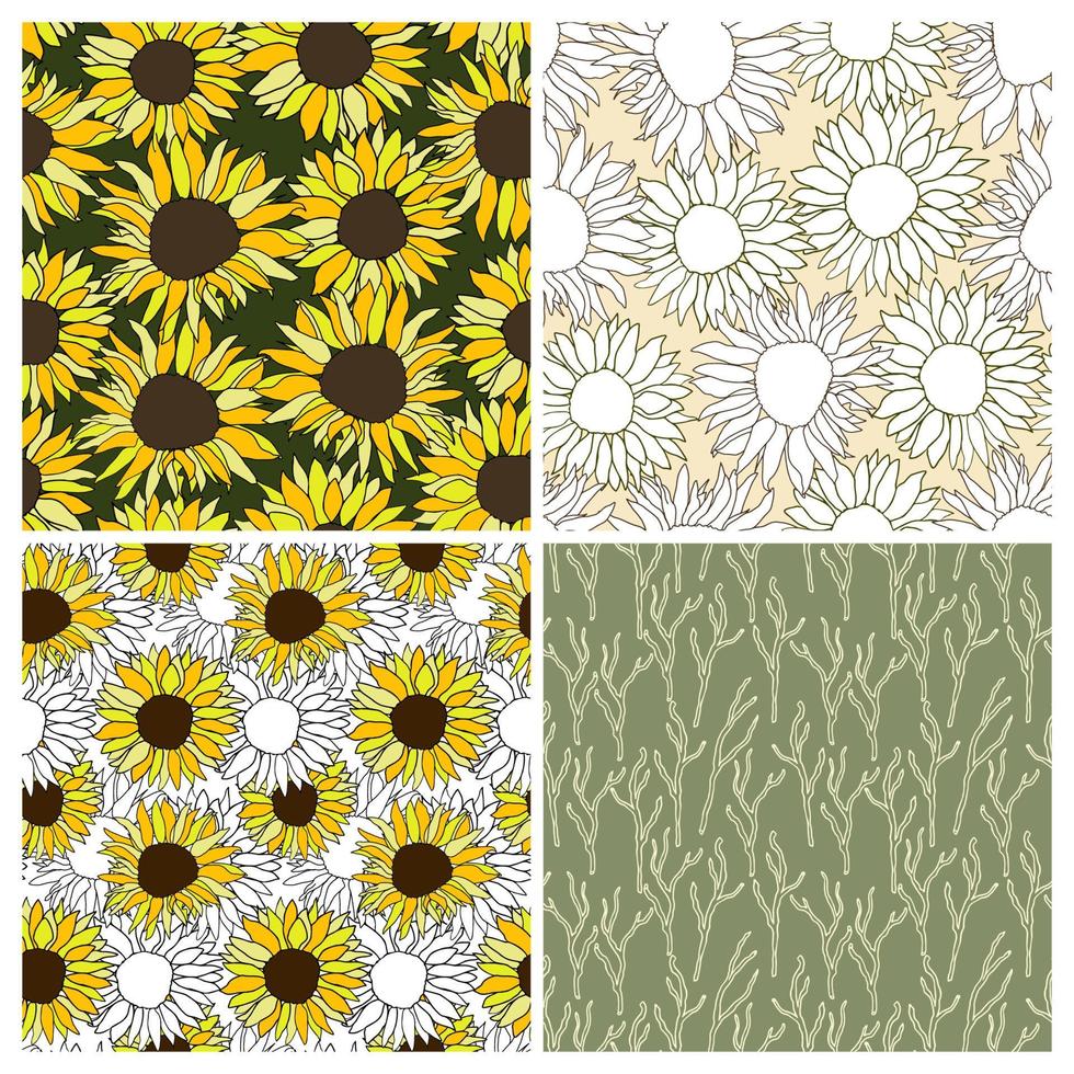 Sunflower head flower seamless pattern set for textile vector
