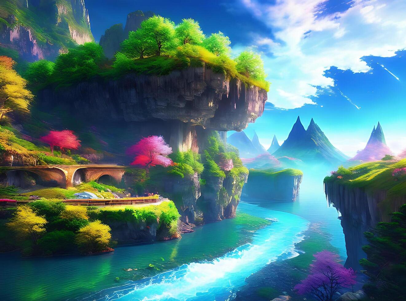 Wallpaper landscape, painting, fantasy art, anime, water, nature, sky, clouds, Earth, bridge, world, ART, mountain, balloons, screenshot, computer wallpaper, special effects, organism, photo