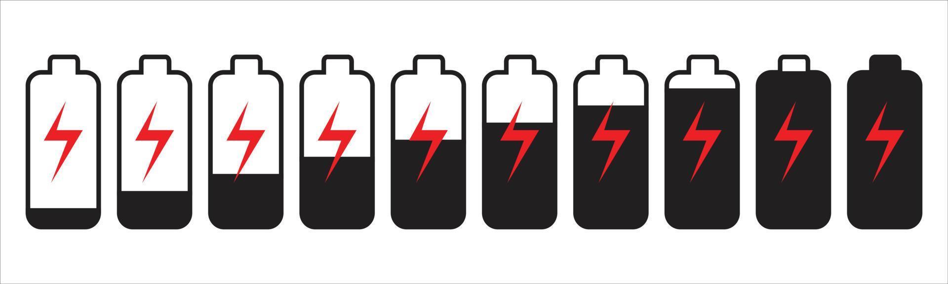 Set battery with different level of charge. Car battery indicator, battery charge signs. Wireless charging energy sign. Vector graphic design.