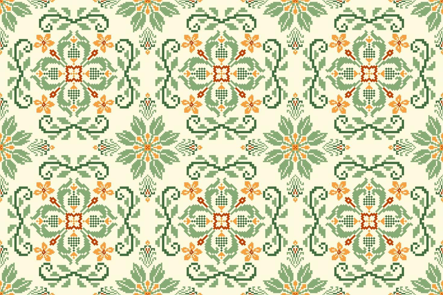 Floral Cross Stitch Embroidery on white background.geometric ethnic oriental seamless pattern traditional.Aztec style abstract vector illustration.design for texture,fabric,clothing,wrapping,carpet.