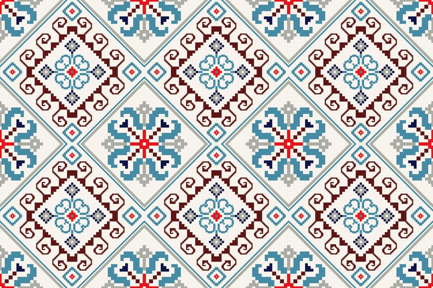 Floral Cross Stitch Embroidery on white background.geometric ethnic oriental seamless pattern traditional.Aztec style abstract vector illustration.design for texture,fabric,clothing,wrapping,carpet.