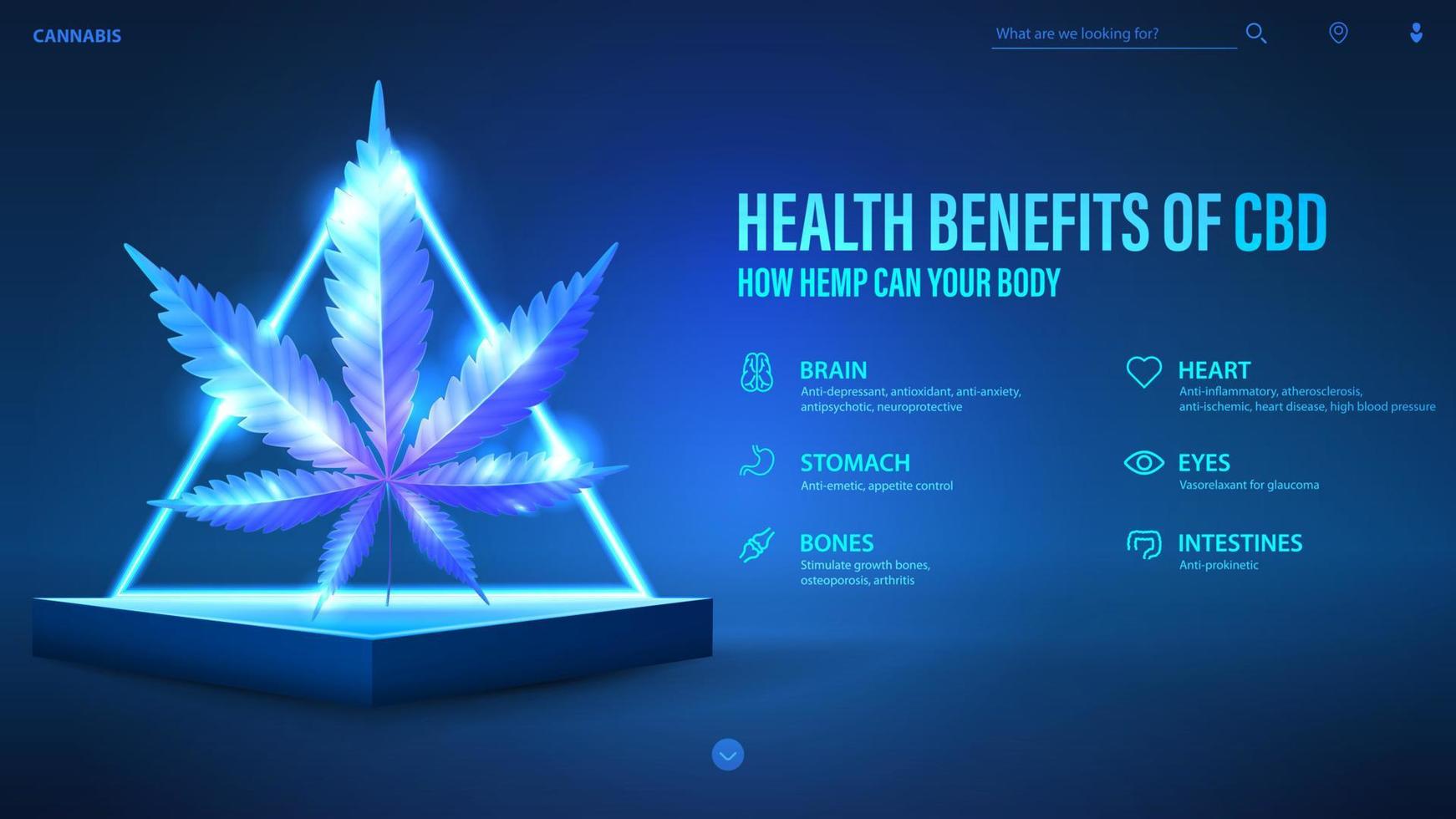 Benefits of CBD for your body, poster with blue triangular podiums with neon triangular frame and neon hemp leaf. Health benefits of Cannabidiol vector