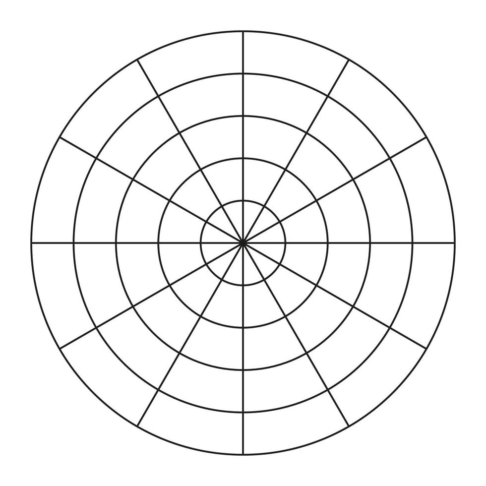 Polar grid of 12 segments and 4 concentric circles. Wheel of life template. Coaching tool. Circle diagram of lifestyle balance. Blank polar graph paper. Vector illustration.