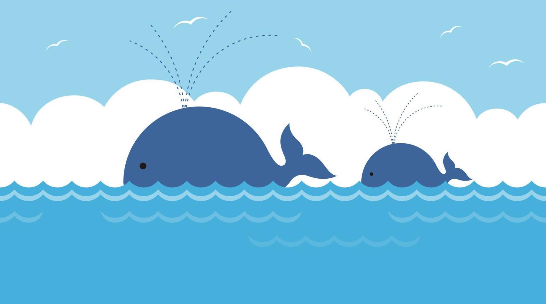 Vector Blue Whale Family In The Sea Seamless Background Illustration With Blue Sky And White Clouds. Horizontally Repeatable.