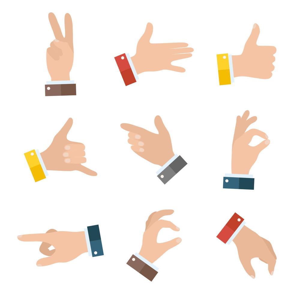 Collection empty hands showing different gestures. 9 icons set isolated on white background. Vector hand illustration