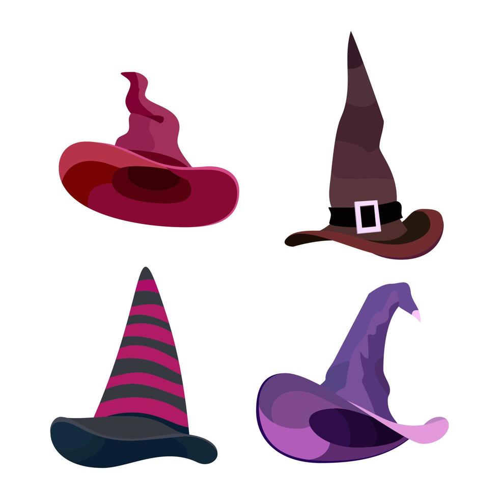 Witch hats with straps and buckles set. Vector illustration isolated on white background.