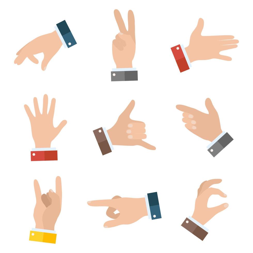 Collection empty hands showing different gestures. 9 icons set isolated on white background. Vector hand illustration