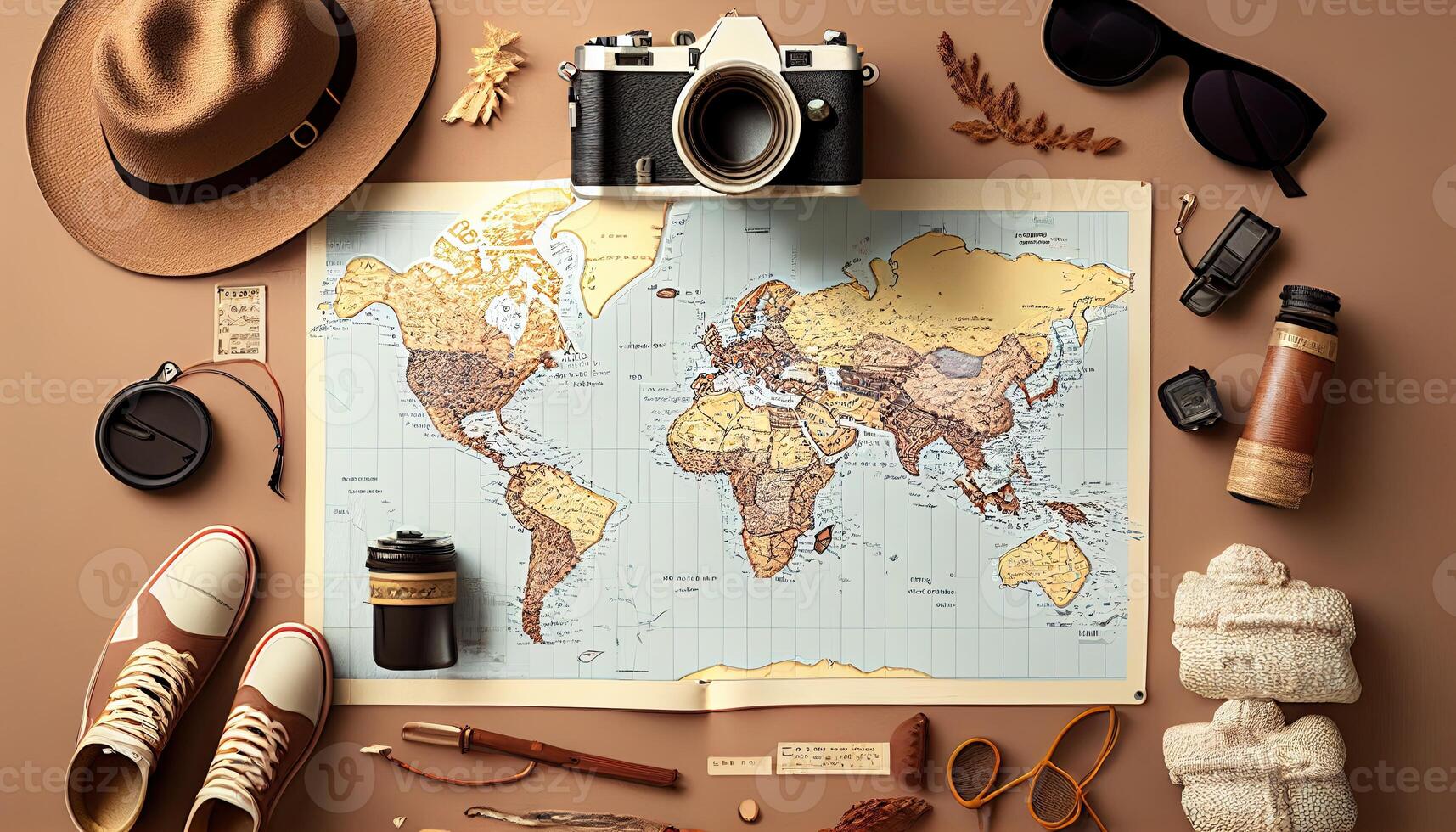 Travel flat lay background, top view on trip accessories, photo