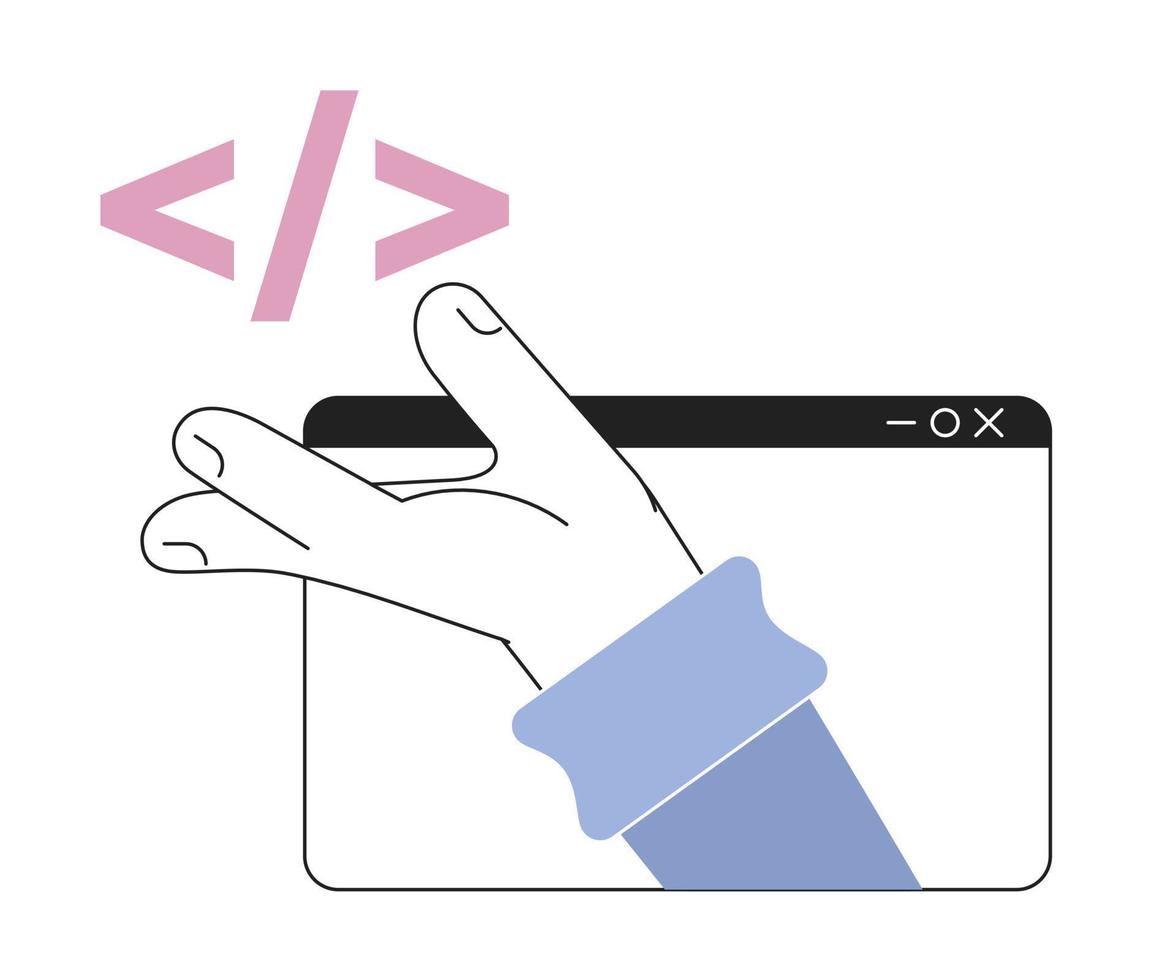 fuente código de sitio web línea concepto vector Mancha ilustración. editable 2d plano dibujos animados objeto con mano en blanco para web diseño. página web edificio creativo arte lineal idea para sitio web, móvil, Blog