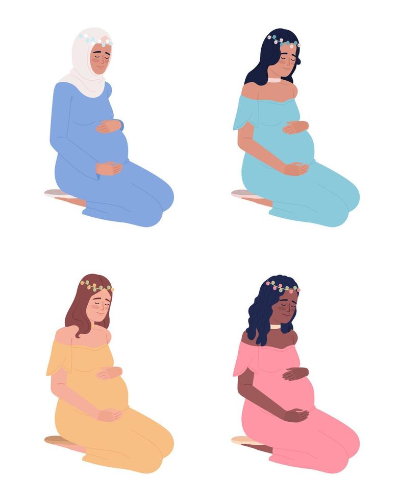 Expectant women patiently waiting for baby semi flat color vector characters pack. Editable full body people on white. Simple cartoon style spot illustration set for web graphic design and animation