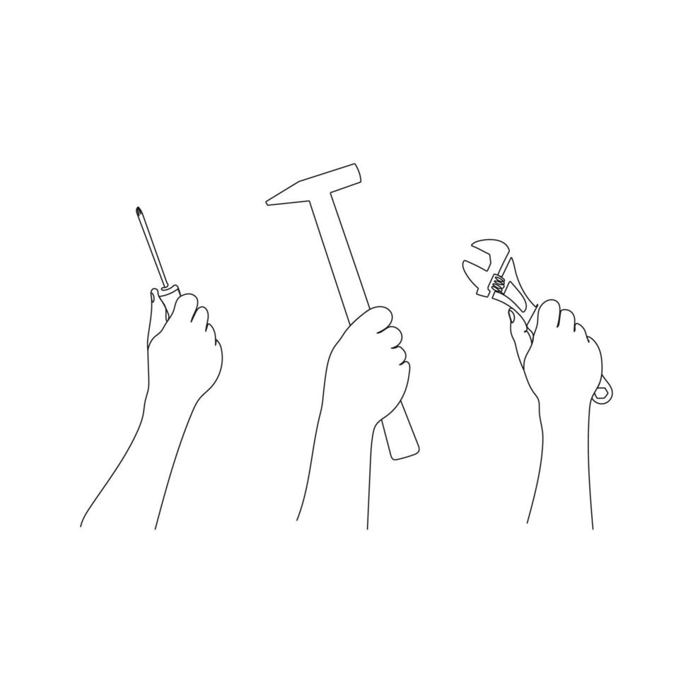 Human hands hold repair tools. Working tools - hammer, spanner, screwdriver. One line art. Hand drawn vector illustration.
