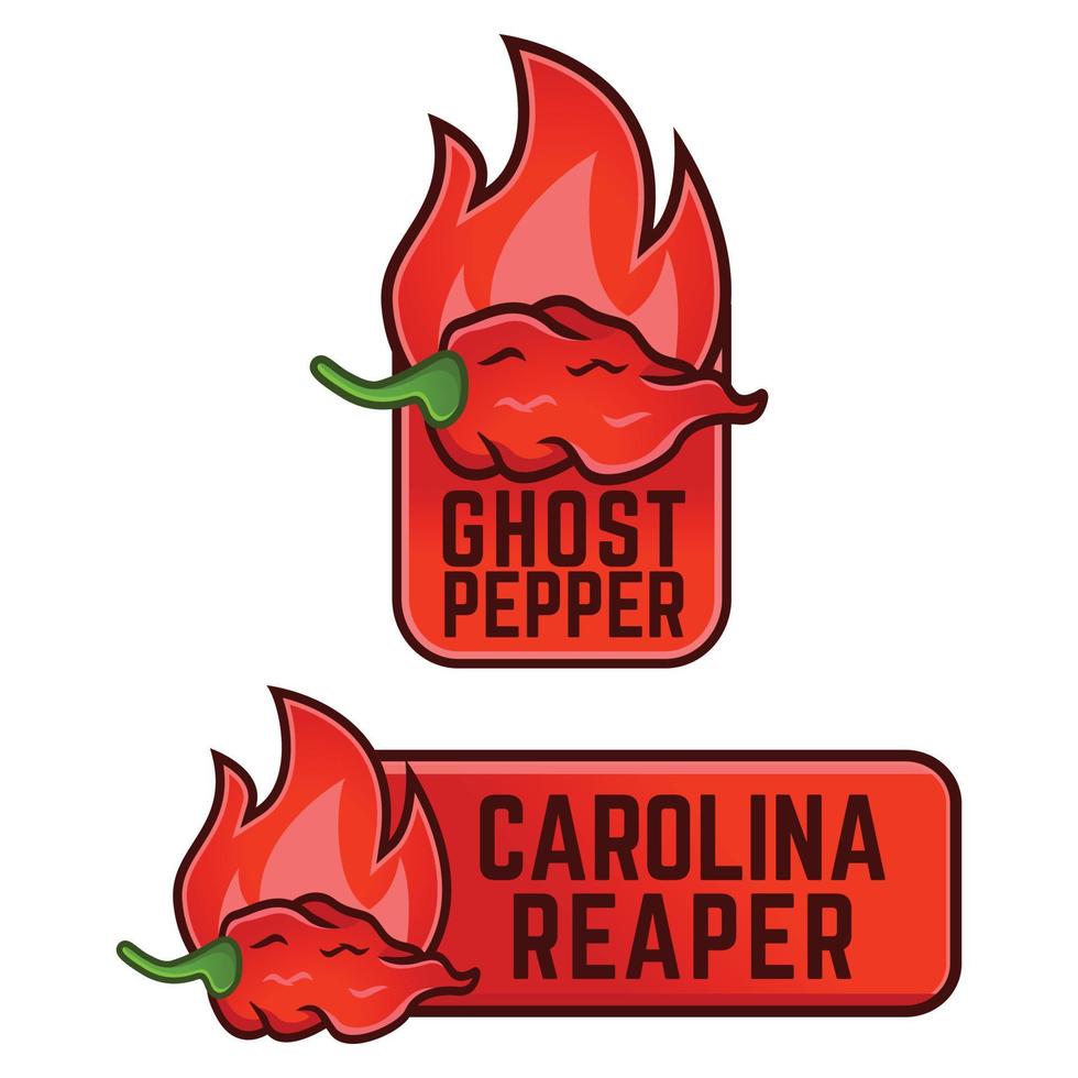 Icons of spicy food level. Hot ghost pepper carolina reaper spiciest chili sign vector cartoon illustration symbol.