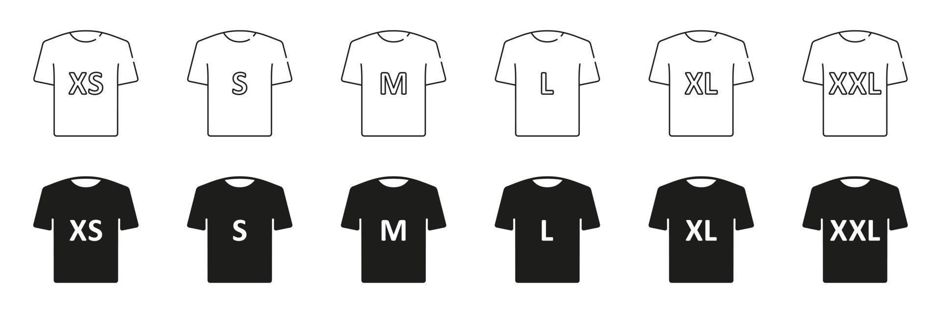 T-shirt Size Black Silhouette and Line Icons Set. Human Clothing Size Label. Man or Woman T-Shirt Size Tag. Isolated Vector Illustration.