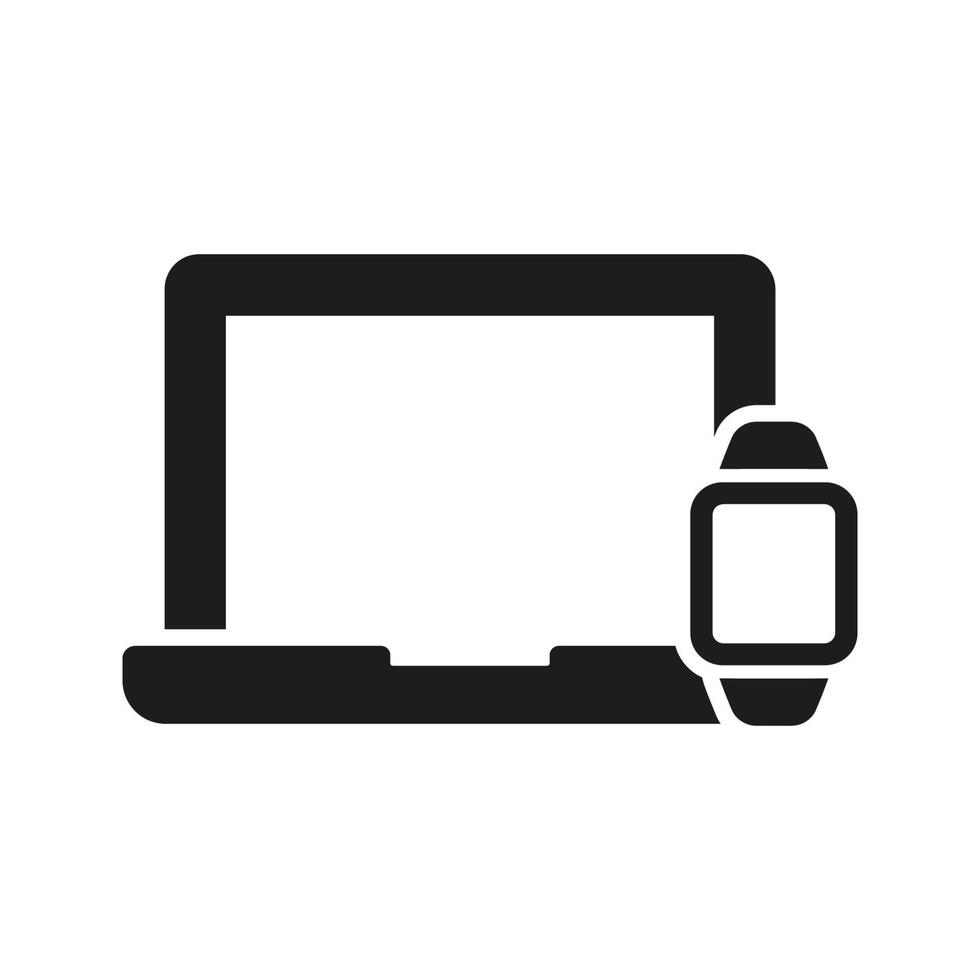 Smartwatch and Laptop Silhouette Icon. Portable Smart Watch and PC Monitor Glyph Pictogram. Electronic Device Display Symbol. Isolated Vector Illustration.