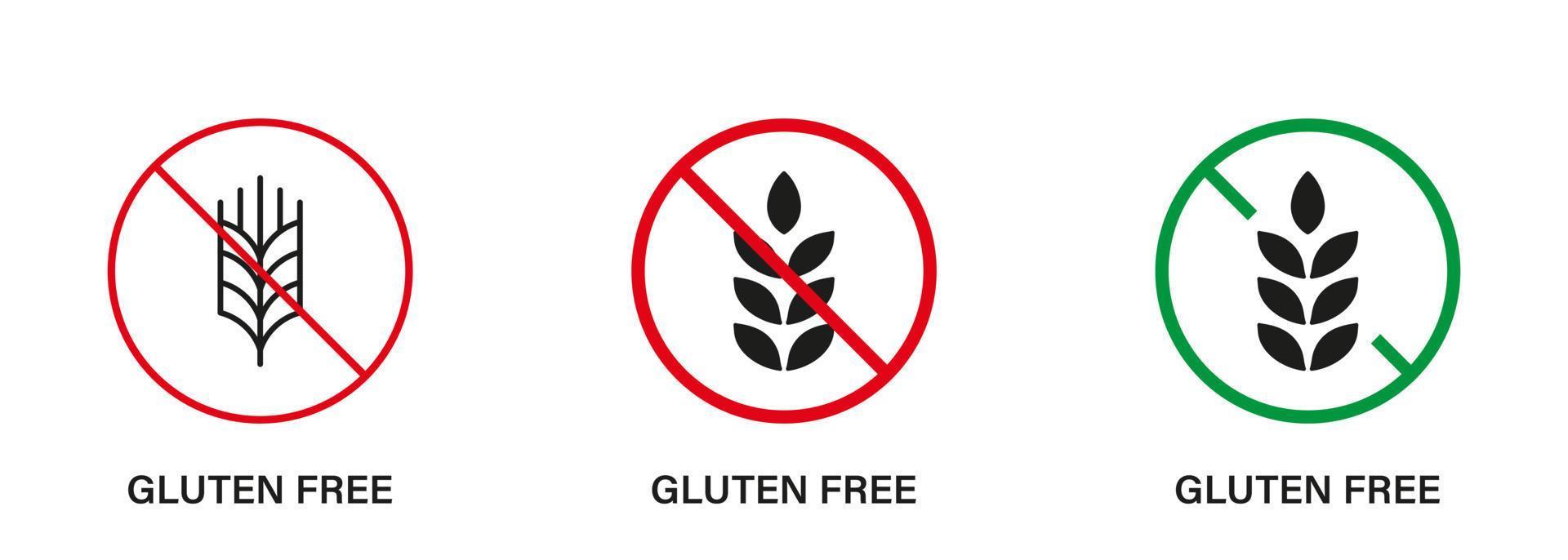 Gluten Free Silhouette and Line Icon Set. No Gluten Food. Allergic on Wheat Sign Collection. Allergy Wheat Forbidden Symbol. Gluten Nutrition Ban Logo. Organic Grain. Isolated Vector Illustration.