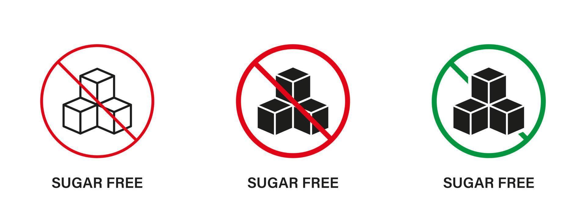 Sugar Free Silhouette and Line Icon Set. Food No Added Sugar with Stop Sign. Glucose Forbidden Symbol. Zero Glucose Guarantee Logo. No Sugar for Diabetic Product Label. Isolated Vector Illustration.