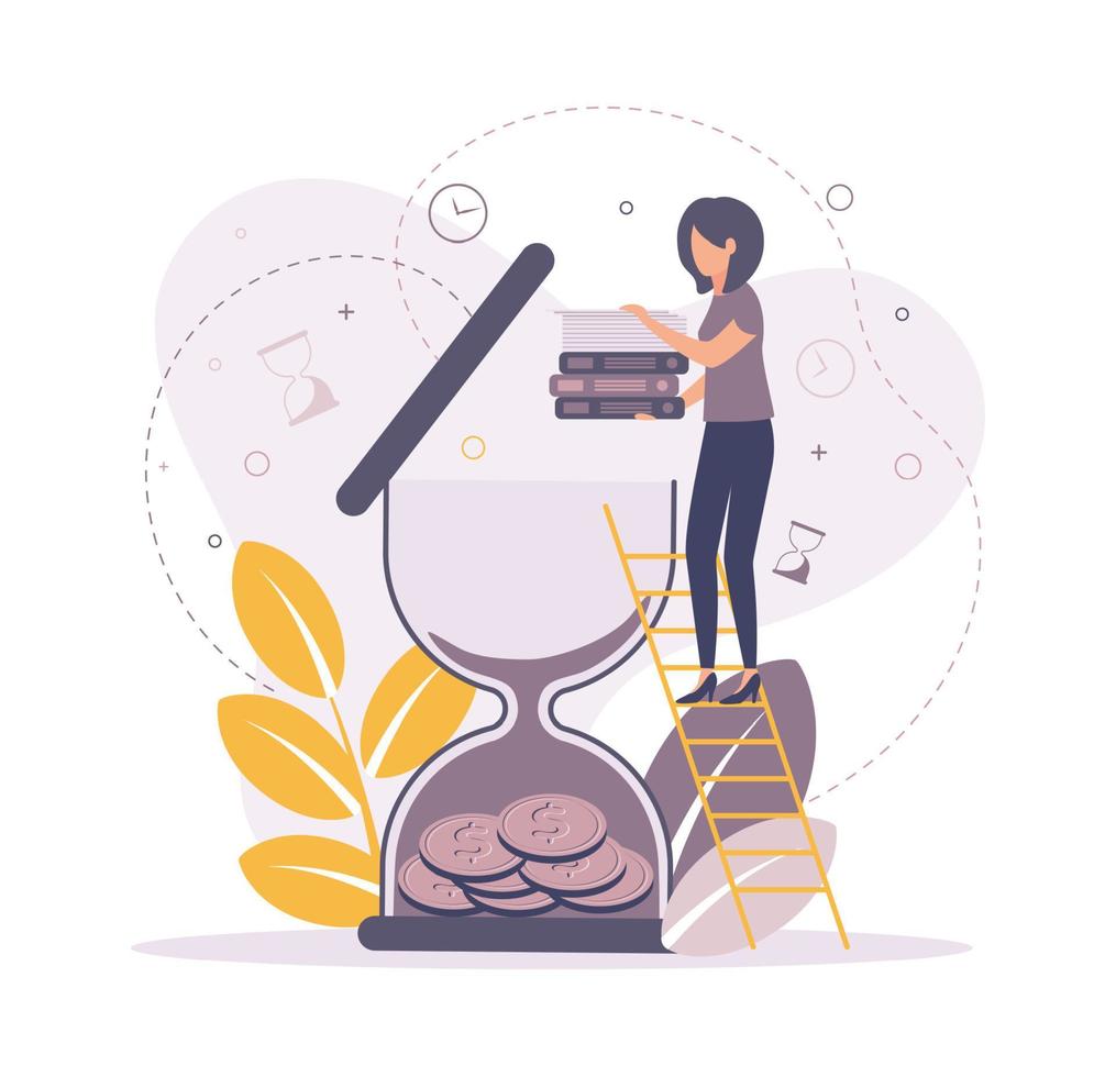 Time management illustration. Illustration of a woman standing on the stairs, puts documents in the hourglass in which the coins lie. vector