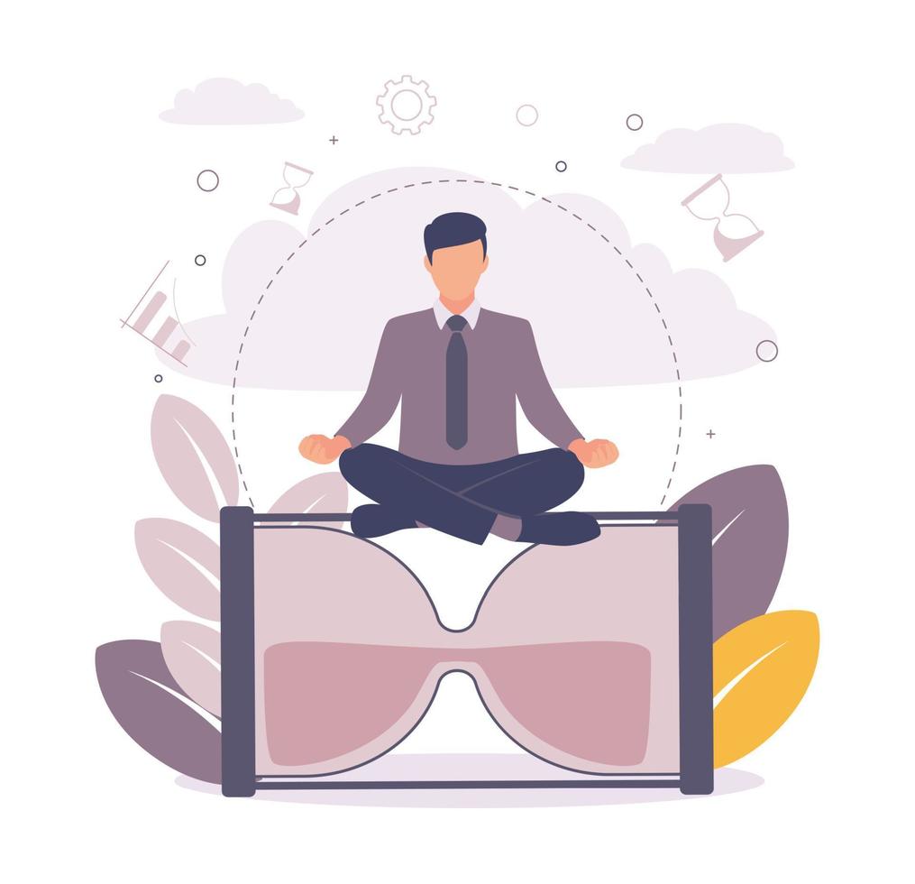 Time management illustration. Illustration of a man meditating on a lying hourglass. vector