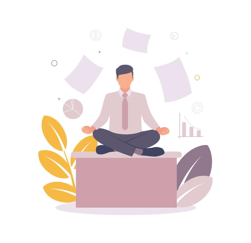 hora administración ilustración. ilustración de un hombre meditando en un mesa. ilustración de un hombre sentado en un loto posición, alrededor en un antecedentes de cuadro, papel vector