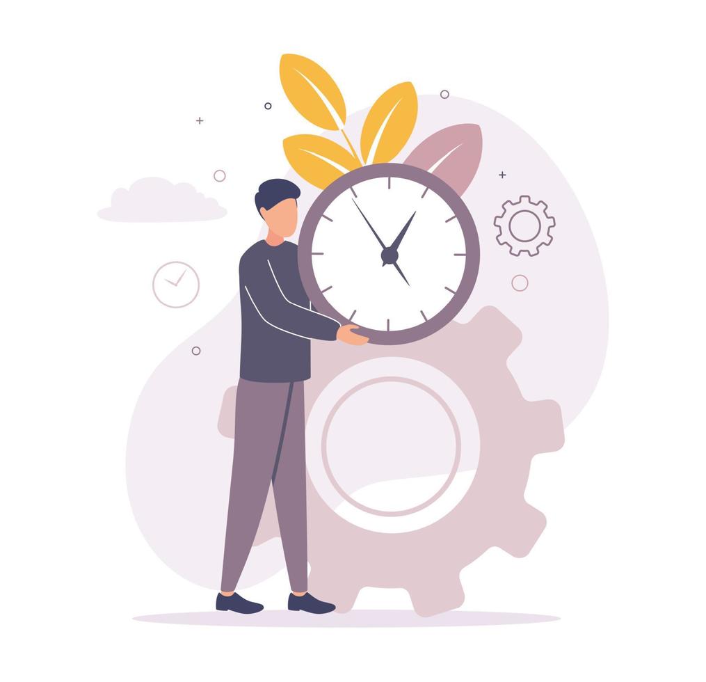 Time management. Illustration of a man holding a watch in his hands with a dial, on the background of gears, leaf, branch, circle vector