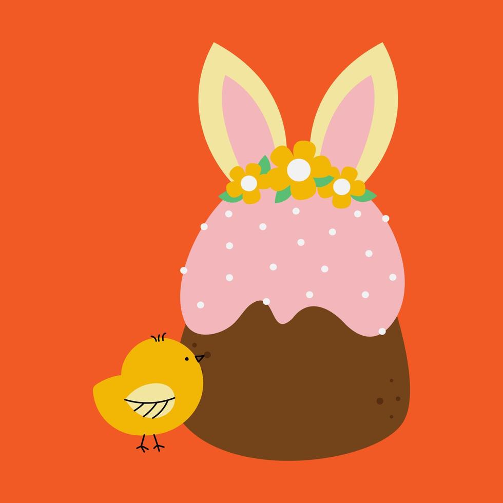 Easter cakes are decorated with bunny ears. Cupcake, cake, dessert with easter symbols. Cute yellow chick. vector
