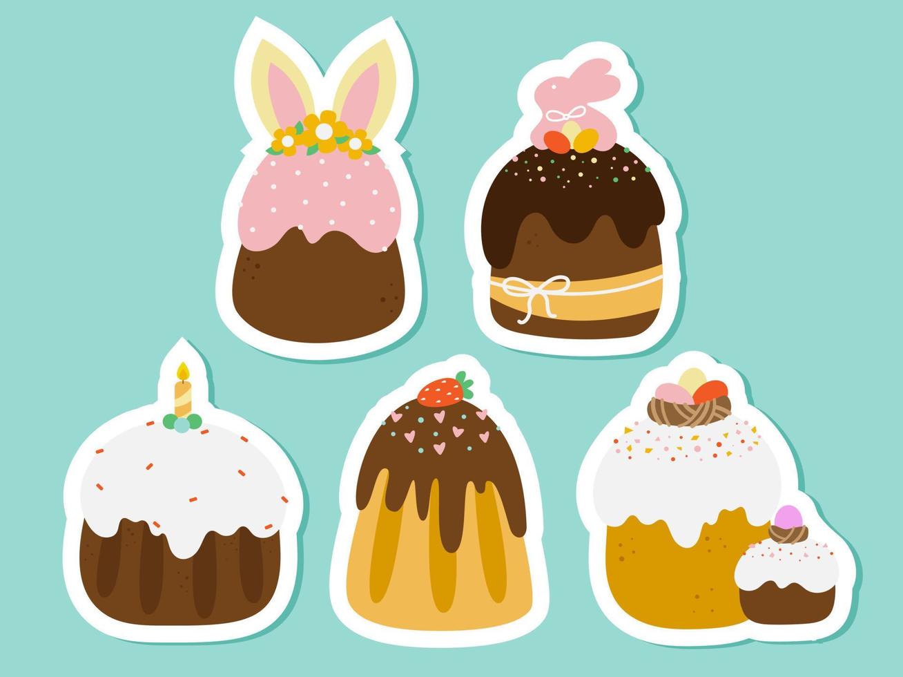 Various types of Easter cakes in a flat style. vector