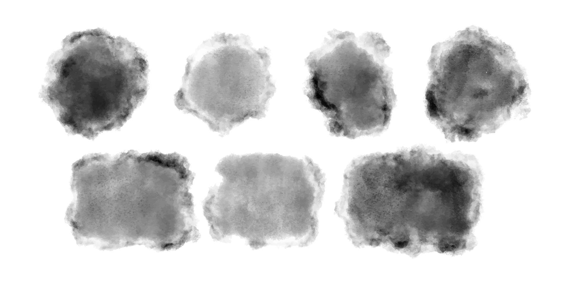 Black watercolor stain set. Aquarelle dark grey spots. Vector illustration.