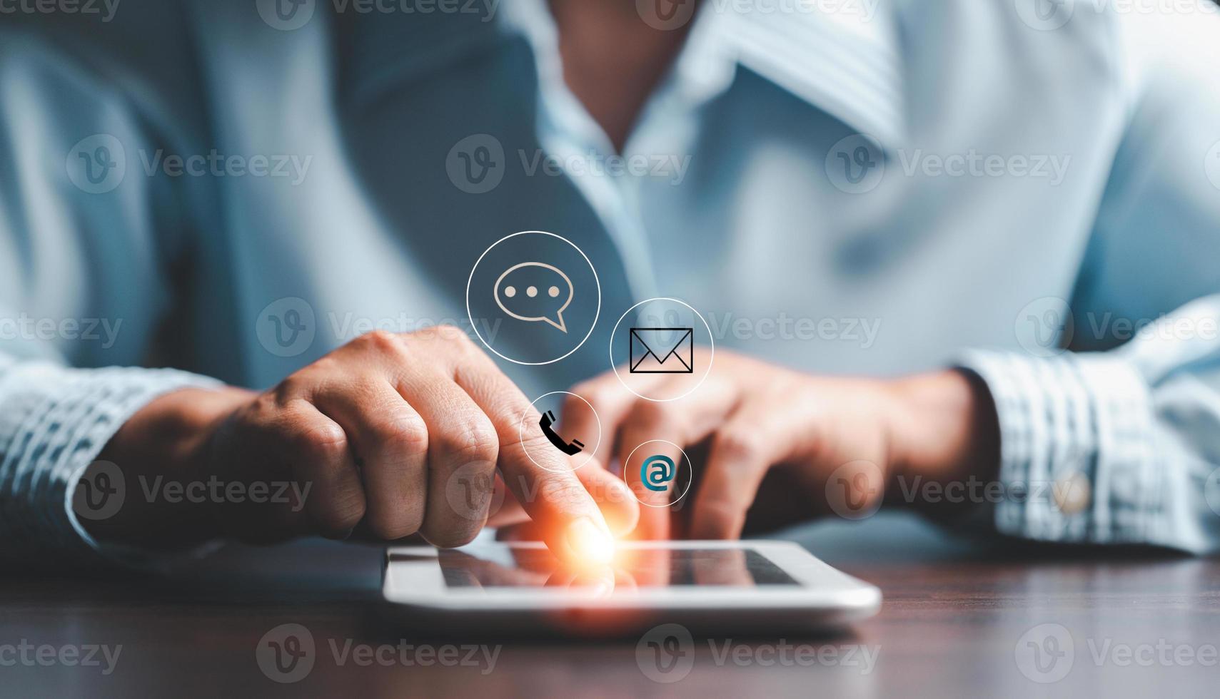 Website page contact us or e-mail marketing concept, Customer support hotline Contact us people connection. cube wood with email, call phone, address, Chat message icons. banner with copy space. photo