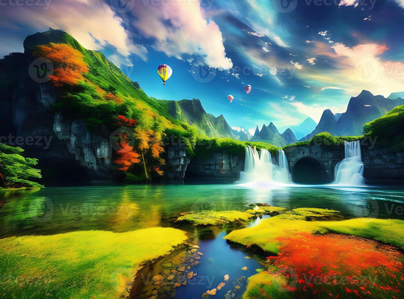 fondo de pantalla paisaje, cuadro, fantasía arte, animado, agua, naturaleza, cielo, nubes, tierra, puente, mundo, arte, montaña, globos, captura de pantalla, computadora fondo de pantalla, especial efectos, organismo, ai generado foto