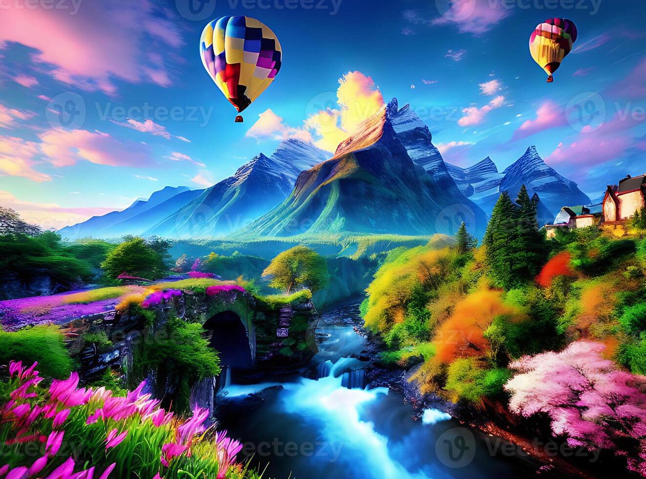 fondo de pantalla paisaje, cuadro, fantasía arte, animado, agua, naturaleza, cielo, nubes, tierra, puente, mundo, arte, montaña, globos, captura de pantalla, computadora fondo de pantalla, especial efectos, organismo, ai generado foto