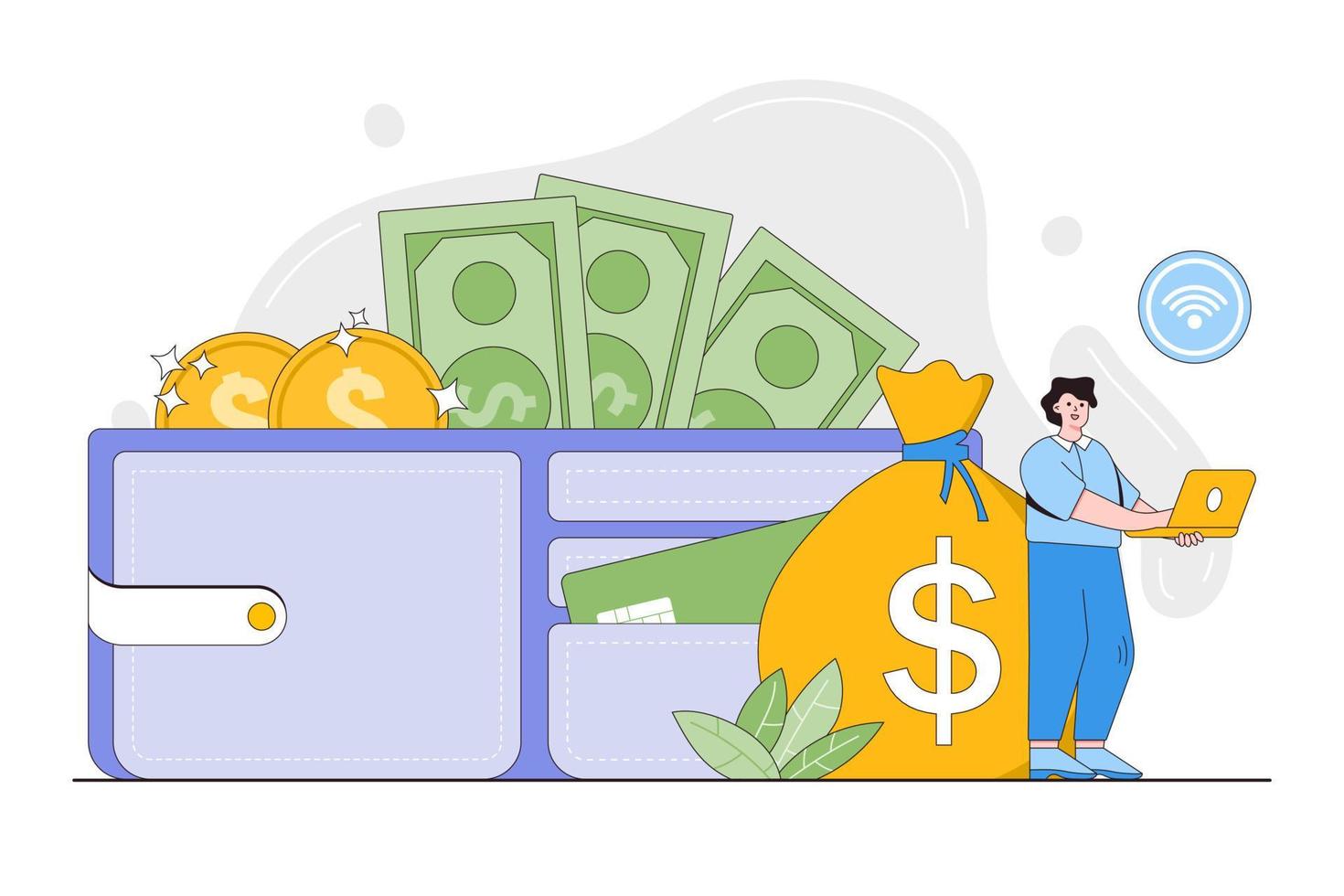 hacer dinero en línea concepto. joven hombre trabajando con ordenador portátil a ganar ingresos o ganancia. contorno diseño estilo mínimo vector ilustración para aterrizaje página, web bandera, infografía, héroe imágenes