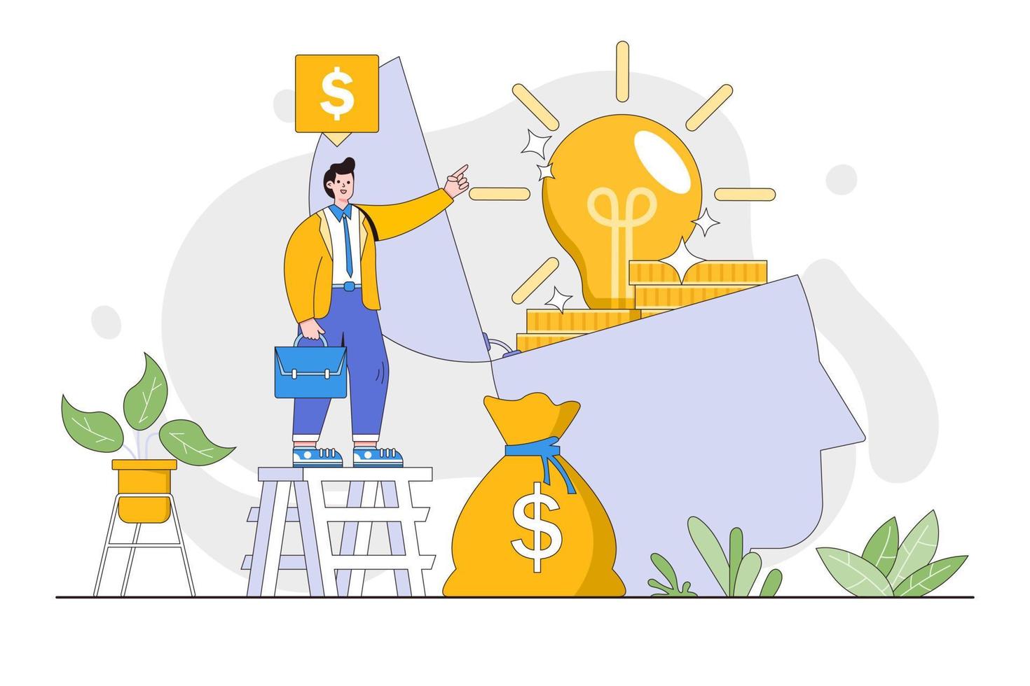 Make money idea, innovation and creativity to earn profit concept. Smart businessman open big head to found bright lightbulb idea and money coins. Minimal vector illustration for landing page