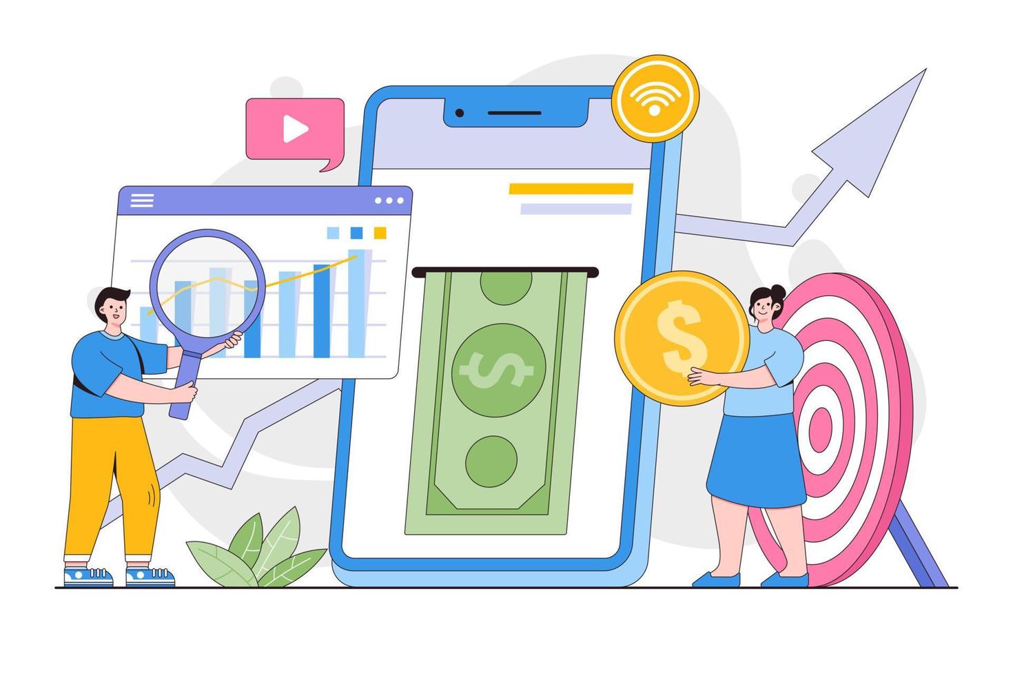 Make money online concept. Mobile banking app increase profits in business. Outline design style minimal vector illustration for landing page, web banner, infographics, hero images