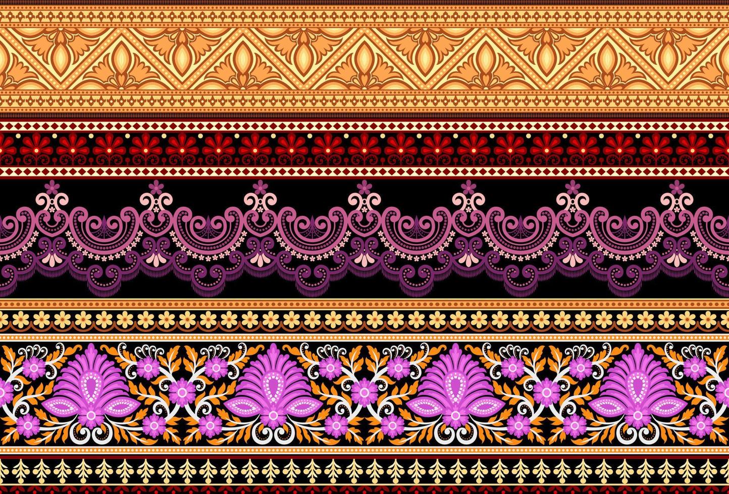 Set Ethnic Seamless borders and flower ornament, motif draws working illustration flowers and  ornament motif India design elements Neckline pattern or, repeat the floral texture vector