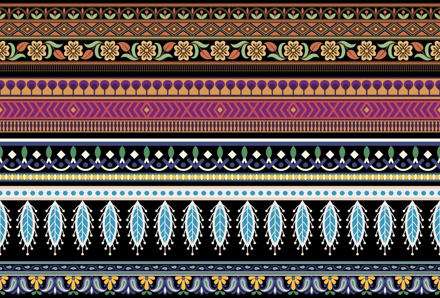 Set Ethnic Seamless borders and flower ornament, motif draws working illustration flowers and  ornament motif India design elements Neckline pattern or, repeat the floral texture vector