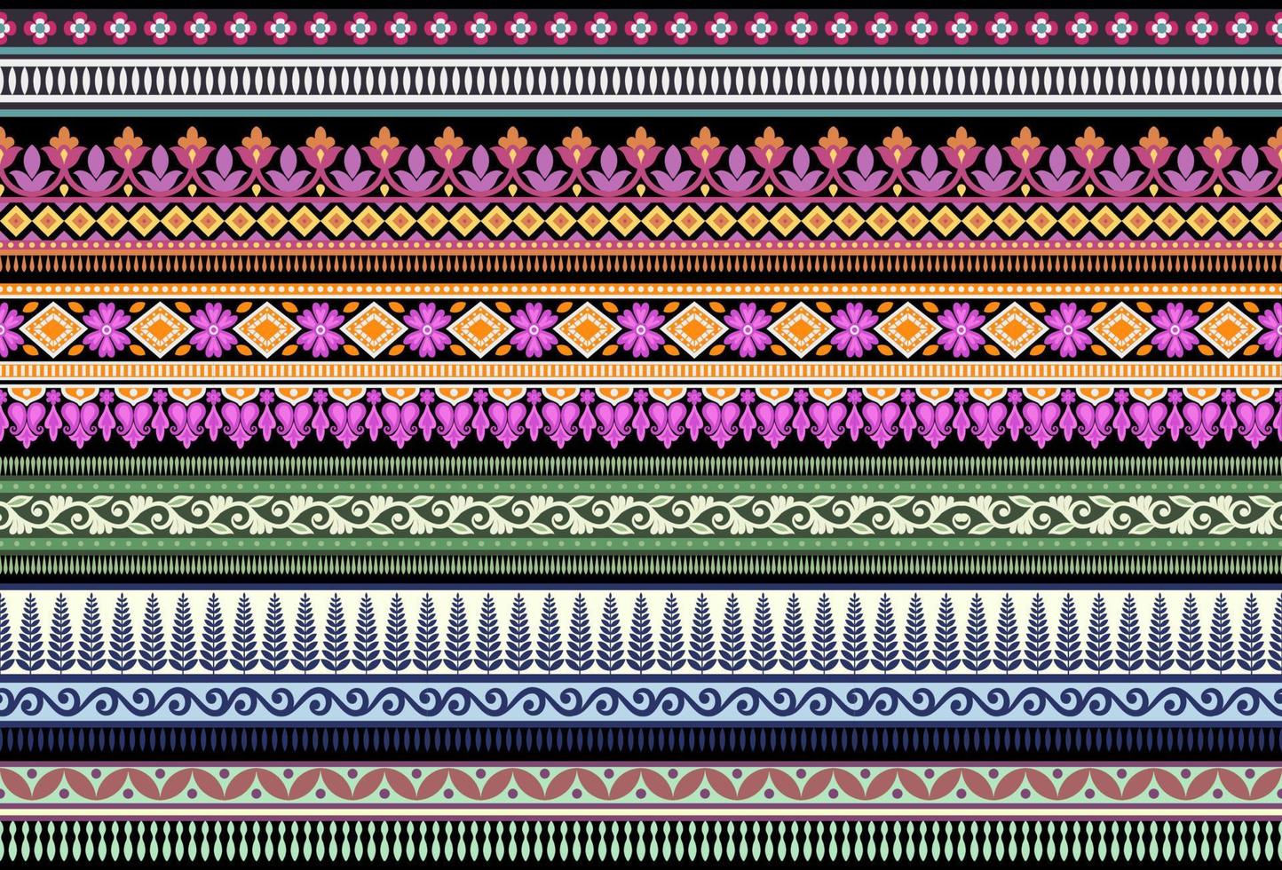 Set Ethnic Seamless borders and flower ornament, motif draws working illustration flowers and  ornament motif India design elements Neckline pattern or, repeat the floral texture vector