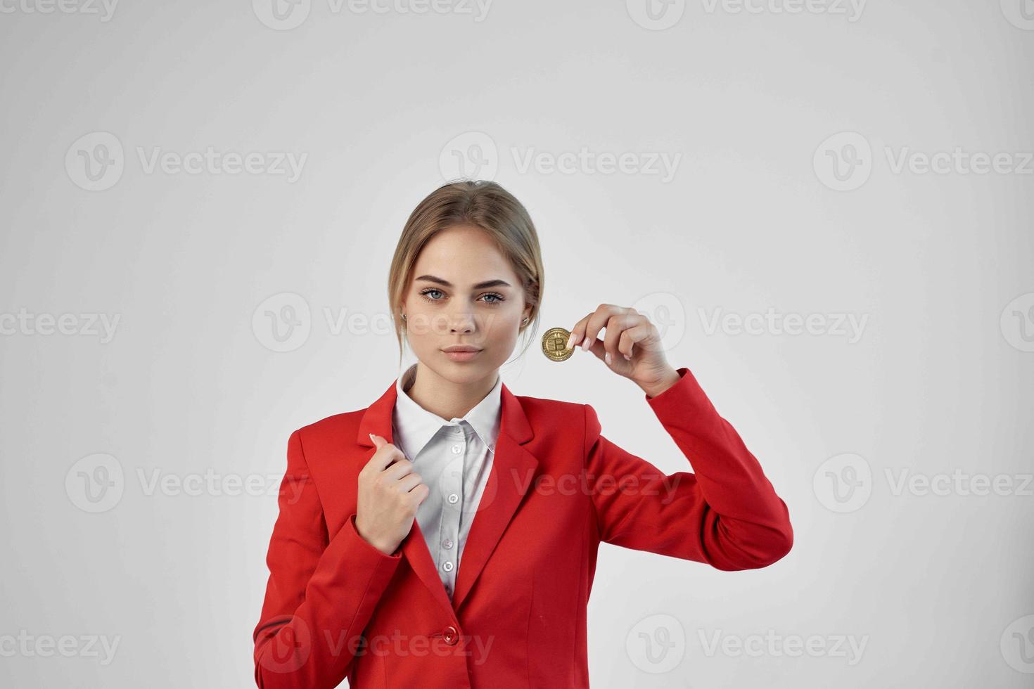 woman Red jacket virtual money economy light background photo