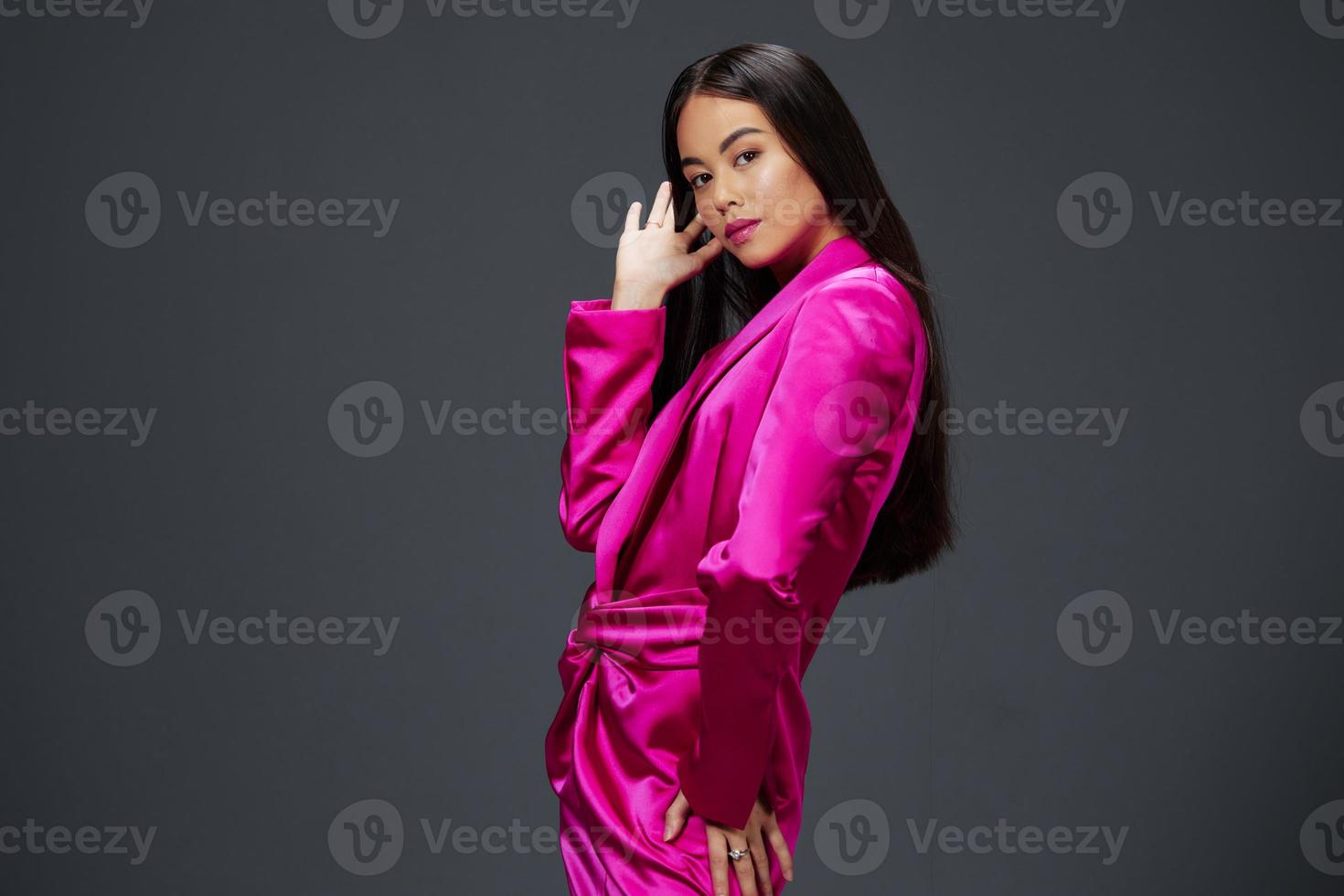 pretty woman bright makeup pink mini dress modern style isolated background photo