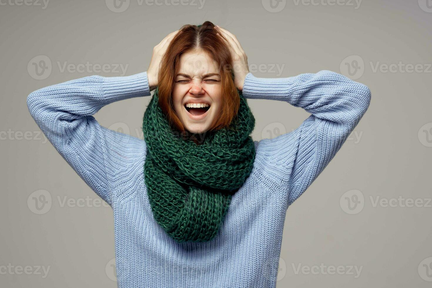 sick woman green scarf on the head isolated background photo