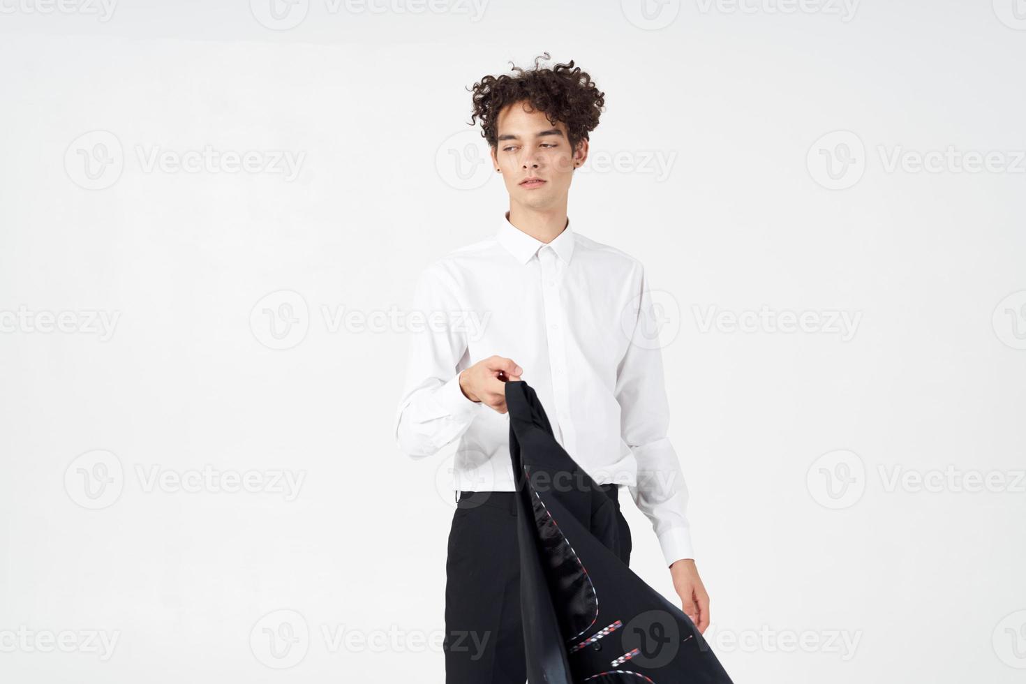 business man in suit curly hair jacket fashion studio photo