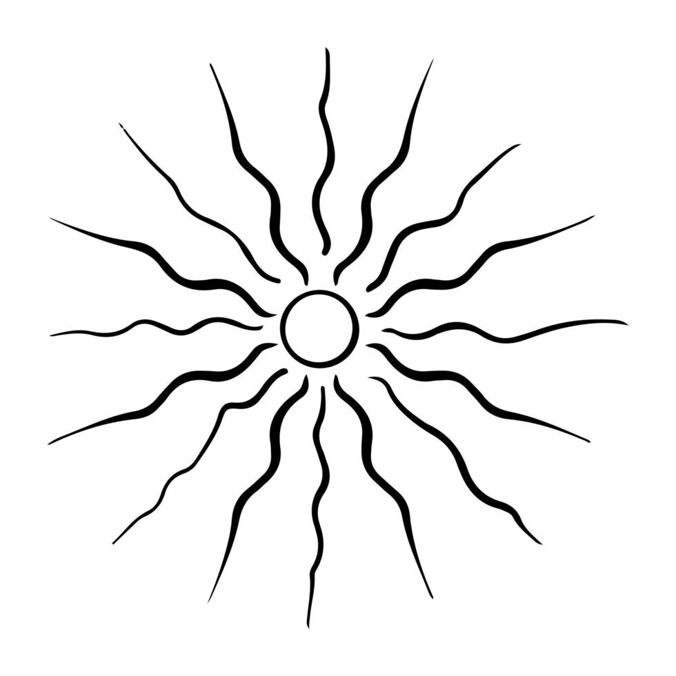 Vector black sun in boho style. Abstract illustration of the dawn drawn by hand with a single line. Esotericism.