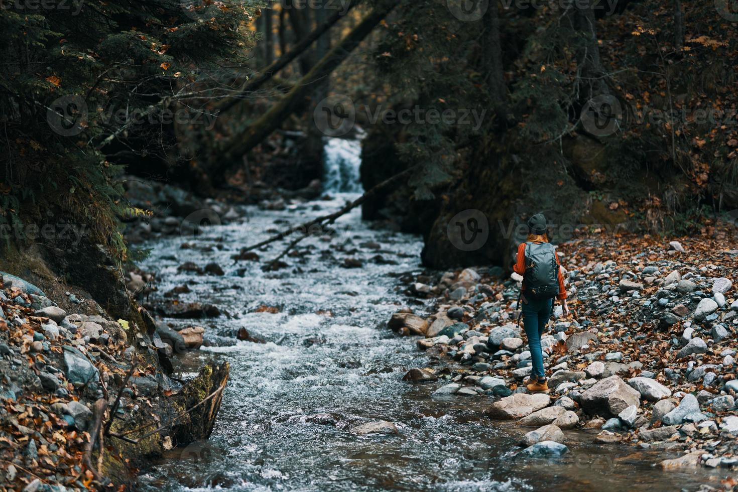 the traveler consists near a stream between two banks and a forest in the background photo